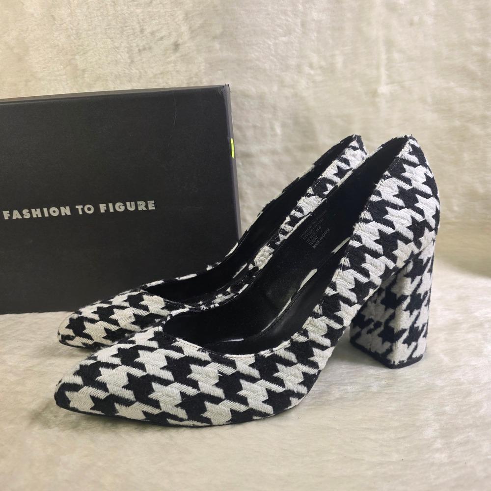 Fashion To Figure Houndstooth Block Heel Pumps Black White Womens 14 WIDE NEW